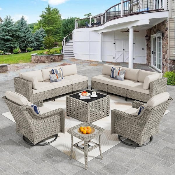 XIZZI Thor 10-Piece Wicker Patio Conversation Seating Sofa Set with Beige Cushions and Swivel Rocking Chairs