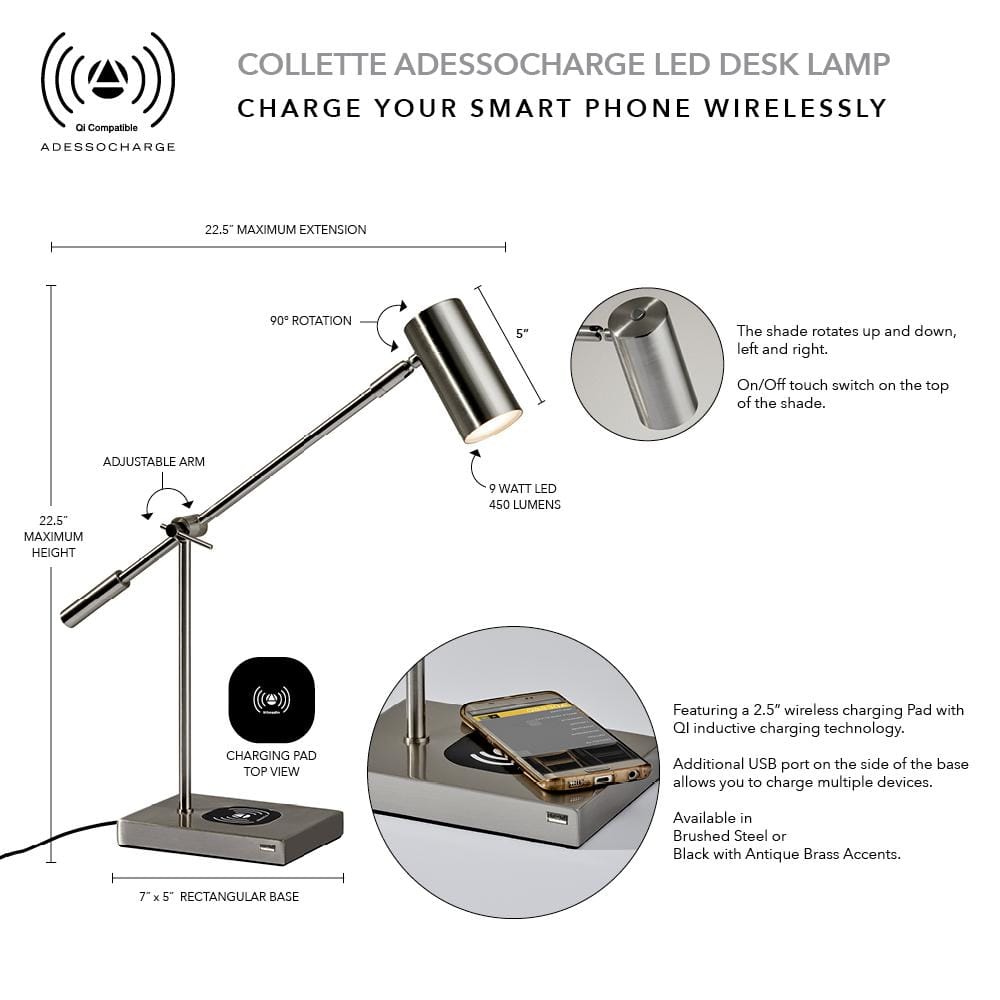 Flemings Brushed Steel Adjustable LED Desk Lamp with USB & Qi Charging