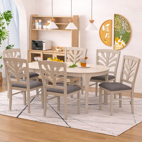 VECELO Farmhouse Oval Dining Table Set with Upholstered Chairs-7 Pieces Gray Kitchen Set