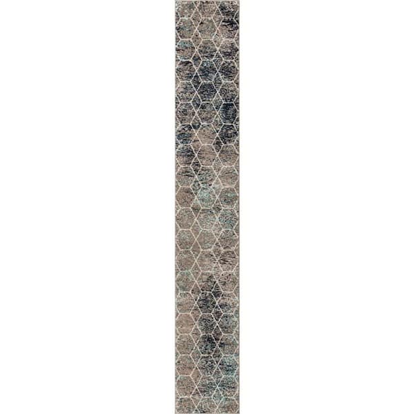 Trellis Frieze Collection Area Rug - Geometric (2 ft. x 13 ft. 1 in. Runner Blue Multi/Ivory)