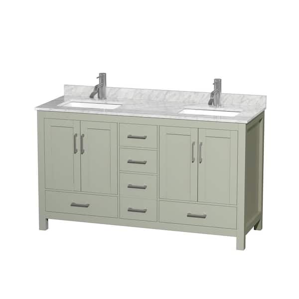 Wyndham Collection Sheffield 60 in. W x 22 in. D x 35 in . H Double Bath Vanity in Light Green with White Carrara Marble Top