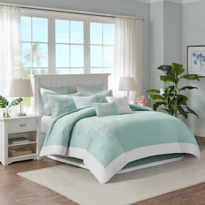 Coastline 4-Piece Aqua Cotton Queen Oversized Jacquard Comforter Set