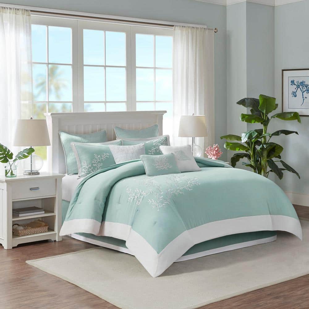 Twin Aqua and White Cotton Nautical Comforter Set