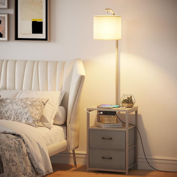 59 in. Gray Oak Arc Floor Lamp with Table and 2 Drawers, Lamp with USB Port and Outlet, 3 Color LED Bulb Included