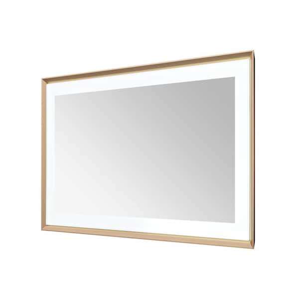 Madison 60 in. W x 36 in. H Rectangular Framed Wall Mount Bathroom Vanity Mirror in Brushed Gold LED Lighted Defogger