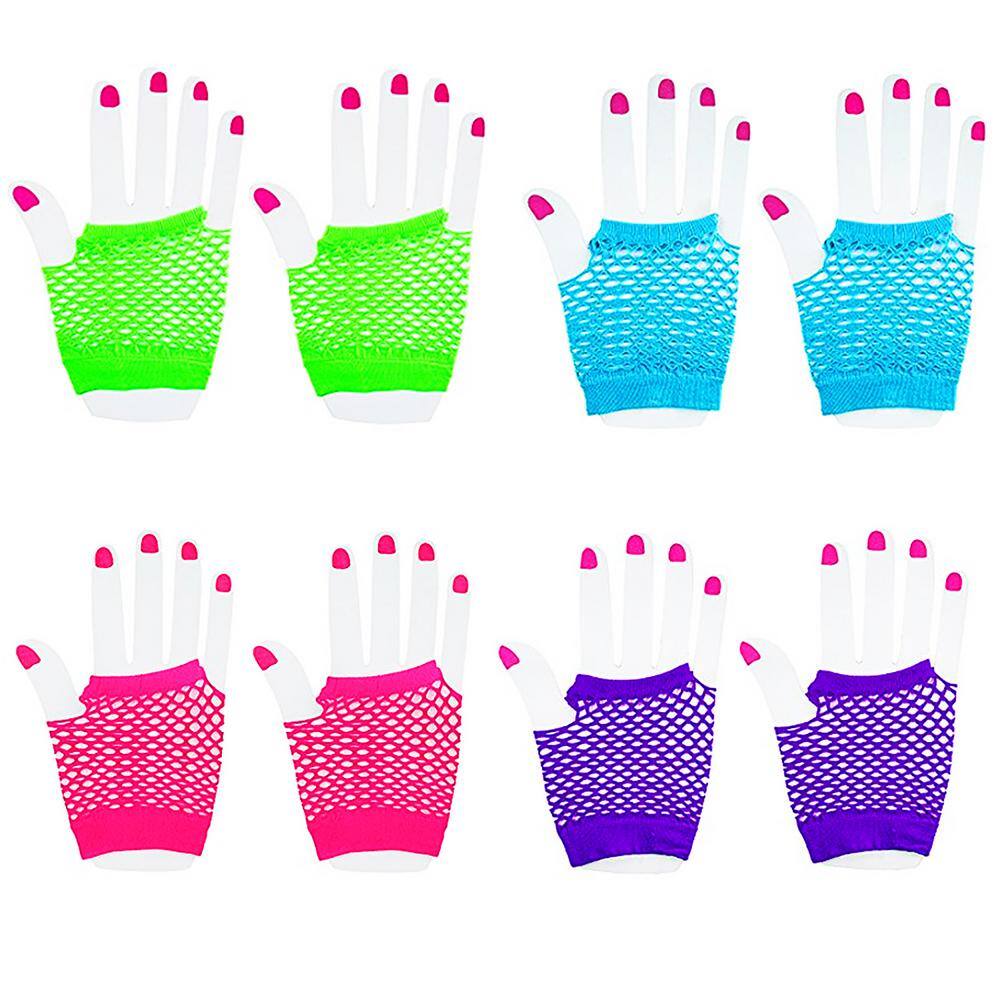 12 Pair 80s Themed Fishnet Fingerless Diva Wrist Gloves Neon Gloves Party Favors 