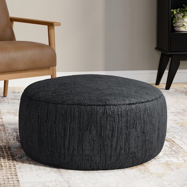 Fredrik Black Genuine Woven Leather Round 30 in. Boho Pouf, Assembled