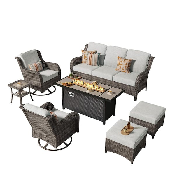 Bali 7 Pieces Wicker Outdoor Patio 54 in. Rectangular Fire Pit Set and Swivel Rocking Chairs with Gray Cushions