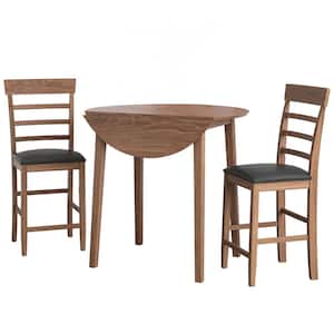 3-Piece Wood Outdoor Dining Set with 2 Black Cushions Chairs 1 Rubber Wood Dining Table for Small Space Walnut Color