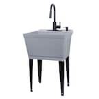 Complete 22.875 in. x 23.5 in. Grey 19 Gal. Utility Sink Set with Black Metal Hybrid Faucet and Soap Dispenser