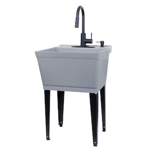 Complete 22.875 in. x 23.5 in. Grey 19 Gal. Utility Sink Set with Black Metal Hybrid Faucet and Soap Dispenser
