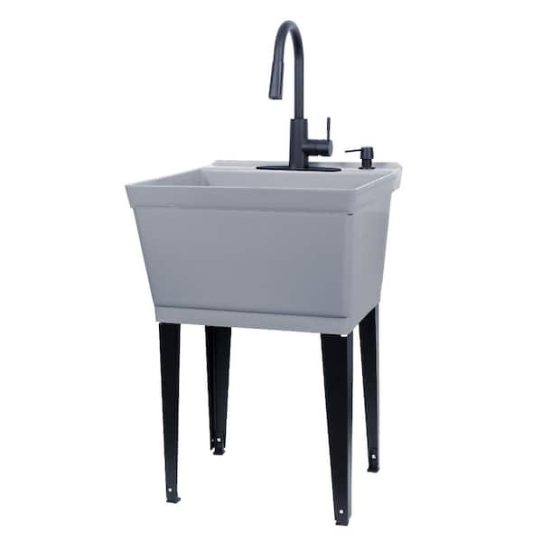 TEHILA Complete 22.875 in. x 23.5 in. Grey 19 Gal. Utility Sink Set with Black Metal Hybrid Faucet and Soap Dispenser
