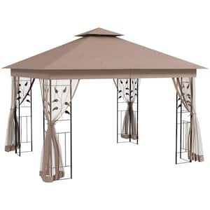 11.6 ft. x 10 ft. Brown Double Roof Outdoor Gazebo Canopy Shelter with Tree Motifs Corner Frame and Netting