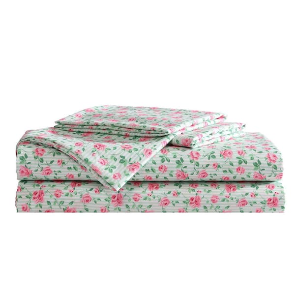 Flower Fun 4-Piece Green/Pink Microfiber Queen Sheet Set