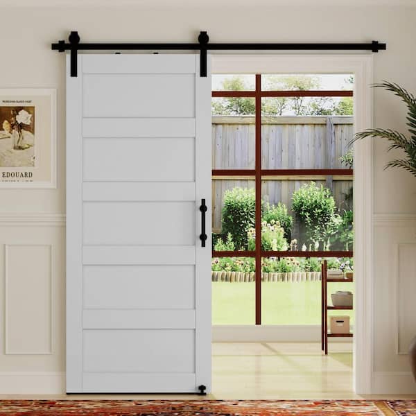 30 in. x 84 in. 5-Panel White MDF Sliding Barn Door Slab with Hardware Kit (with Round Tube Handrail and Sway Stop)