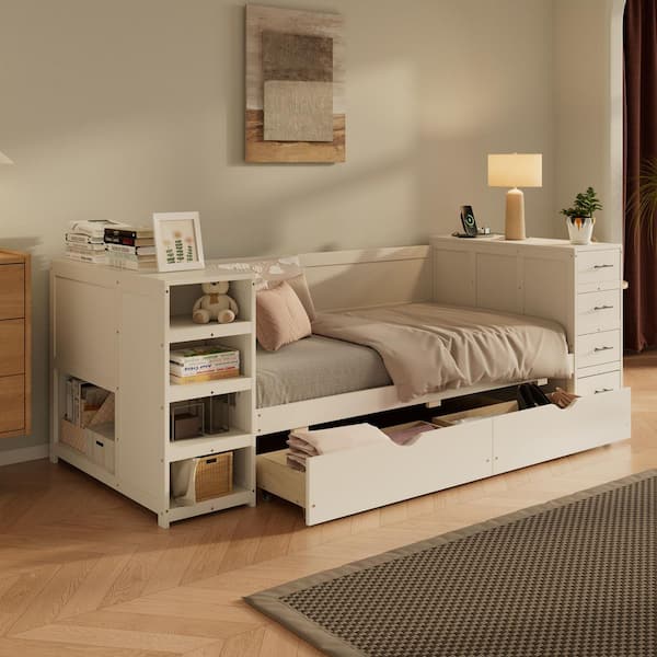 Madge Multi-Functional White Twin Size Daybed with Side Shelves, 6 Drawers, Charging Station