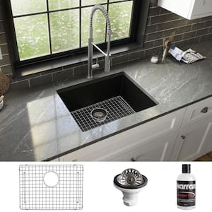 QU- 820 Quartz 24.38 in. Single Bowl Undermount Kitchen Sink in Black with Bottom Grid and Strainer