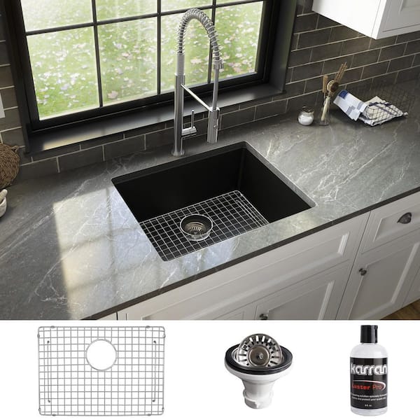 Karran QU- 820 Quartz/Granite 24.38 in. Single Bowl Undermount Kitchen Sink in Black with Bottom Grid and Strainer