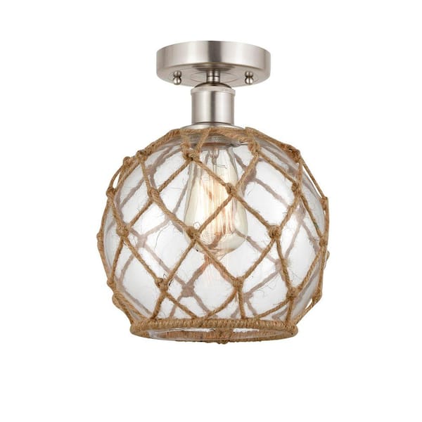 Farmhouse Rope 8 in. 1-Light Satin Nickel Industrial Semi-Flush Mount with Clear Glass Shade
