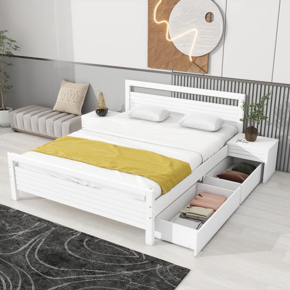 White Wood Frame Queen Size Platform Bed with 2 Storage Drawers, 2 Bedside Tables, Center Support Legs -  Harper & Bright Designs, QHS438AAK-Q