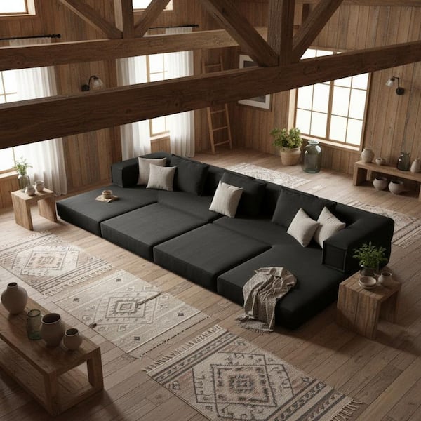 BYUK 157.5 in. Corduroy Oversized Modular Sofa Bed with 6 Pillows, Removable Covers, Multi-Combination, Ebony Black