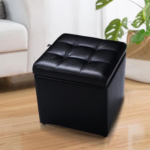 Black, 60x38x38cm YX-lle Home Folding Ottoman Storage Box with Lids Pouffe Footstool Garden Storage Boxes Large Ottoman Stool with Wood Legs Square Pouffe Chair Multifunction with Removable Lids