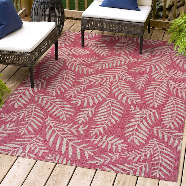 Nevis Palm Frond Fuchsia/Light Gray 9 ft. x 12 ft. Indoor/Outdoor Area Rug