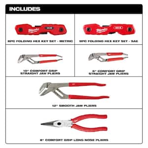 12 in. Dipped Grip Smooth Jaw Pliers, Straight Jaw Pliers and Long Nose Pliers w/ SAE/Metric Folding Hex Key 6-Piece Set