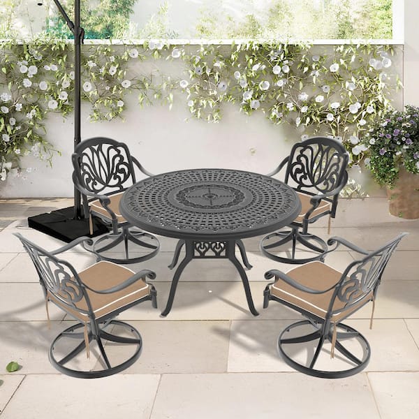 Elizabeth 5-Piece Cast Aluminum Patio Outdoor Dining Set with Round Dining Table, 4 Swivel Chairs and 4 Brown Cushions
