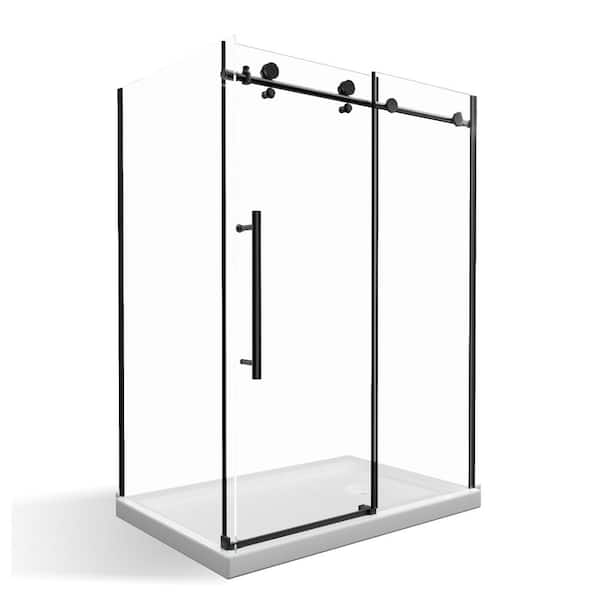 44-48 in. W x 34 in. D x 72 in. H Modern Frameless Corner Sliding Shower Door Enclosure in Matte Black Clear Glass