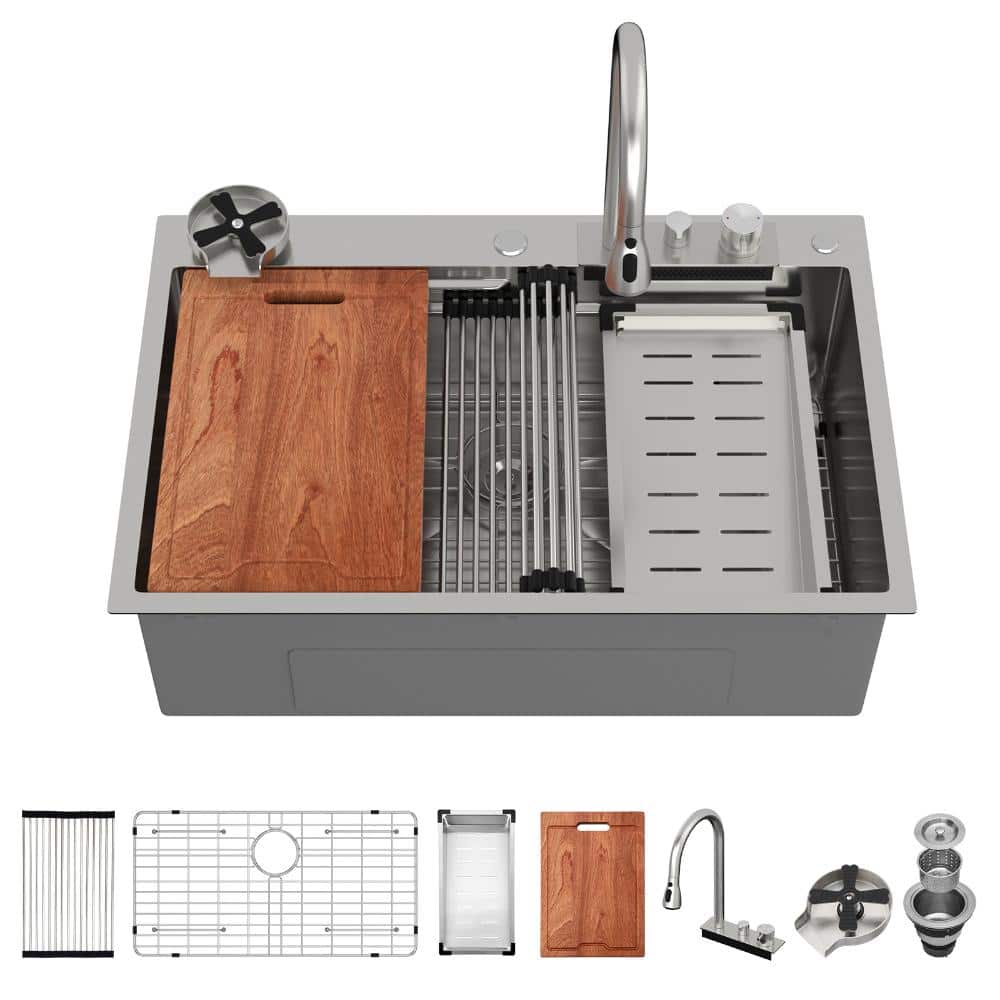 33 in. Drop-In Singe Bowl Brushed Nickel Stainless Steel Kitchen Sink with Pull-Down Faucet & Cup Washer price history on PriceWatchPro