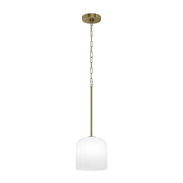 Parkmont 8 in. Plug and Play 1-Light Lacquered Brass Pendant Light with SkyPlug