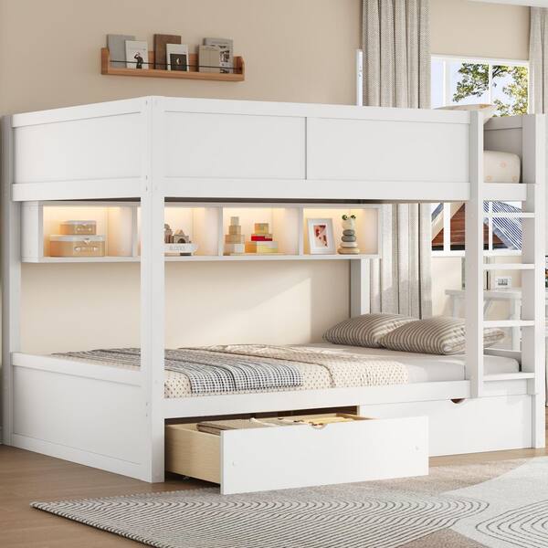 White Full XL Over Full XL Wood Bunk Bed with Drawers and LED Lighted Storage Shelves