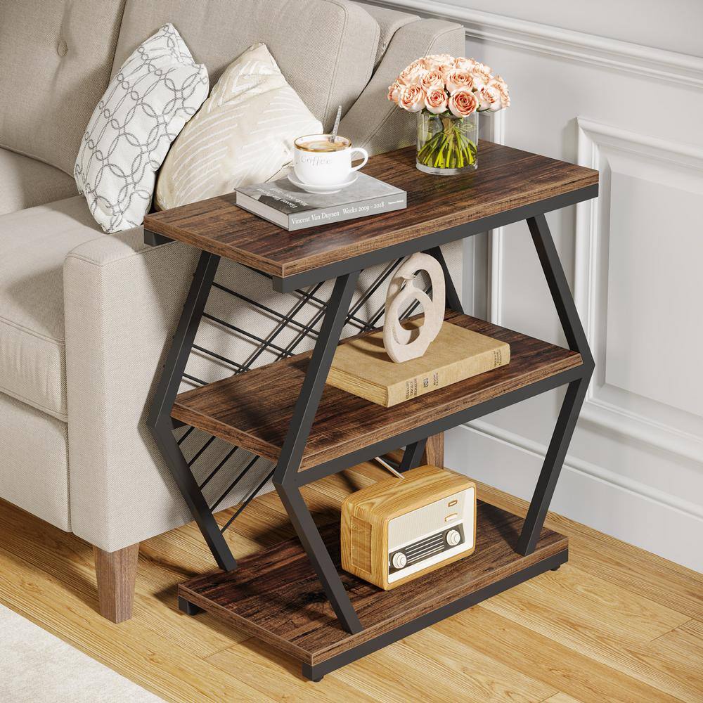 Rustic Brown Wood and Black Metal 3-Tier End Table