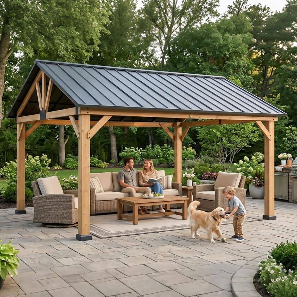 COOS BAY 11 ft. x 13 ft. Cedar Wooden Frame Pavilion Gazebo with