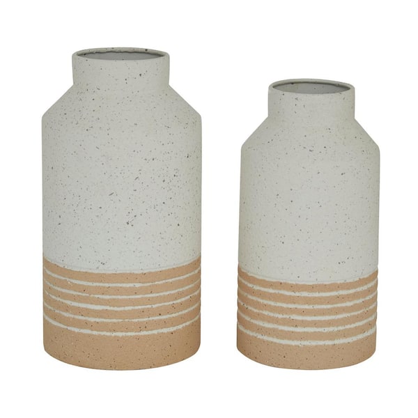 Litton Lane 11 in., 12 in. White Metal Decorative Vase with Stripes (Set of 2)