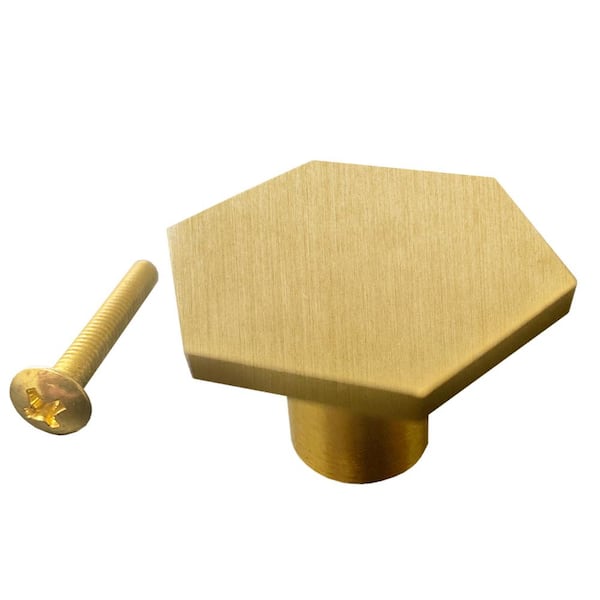 Pyramid Home Decor Brizza Series 0 .87 in. (22 mm) Gold Brushed Solid Brass Hexagonal Cabinet Knob (1 0 -Pack)