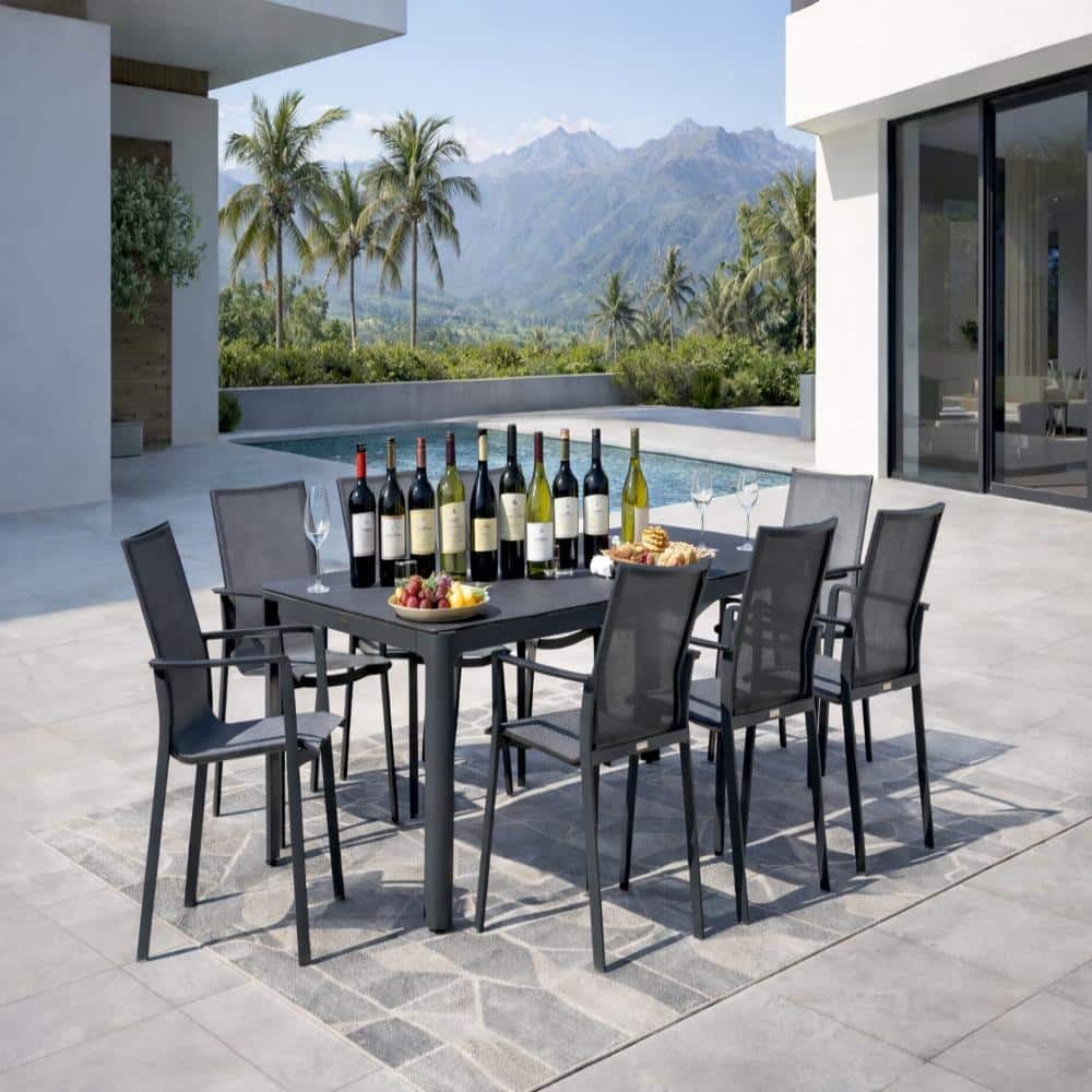 Alva Dark Gray 9-Piece Aluminum Outdoor Dining Set with Stackable Chairs, Dark Grey Ceramic Top Table and Pewter Sling price history on PriceWatchPro