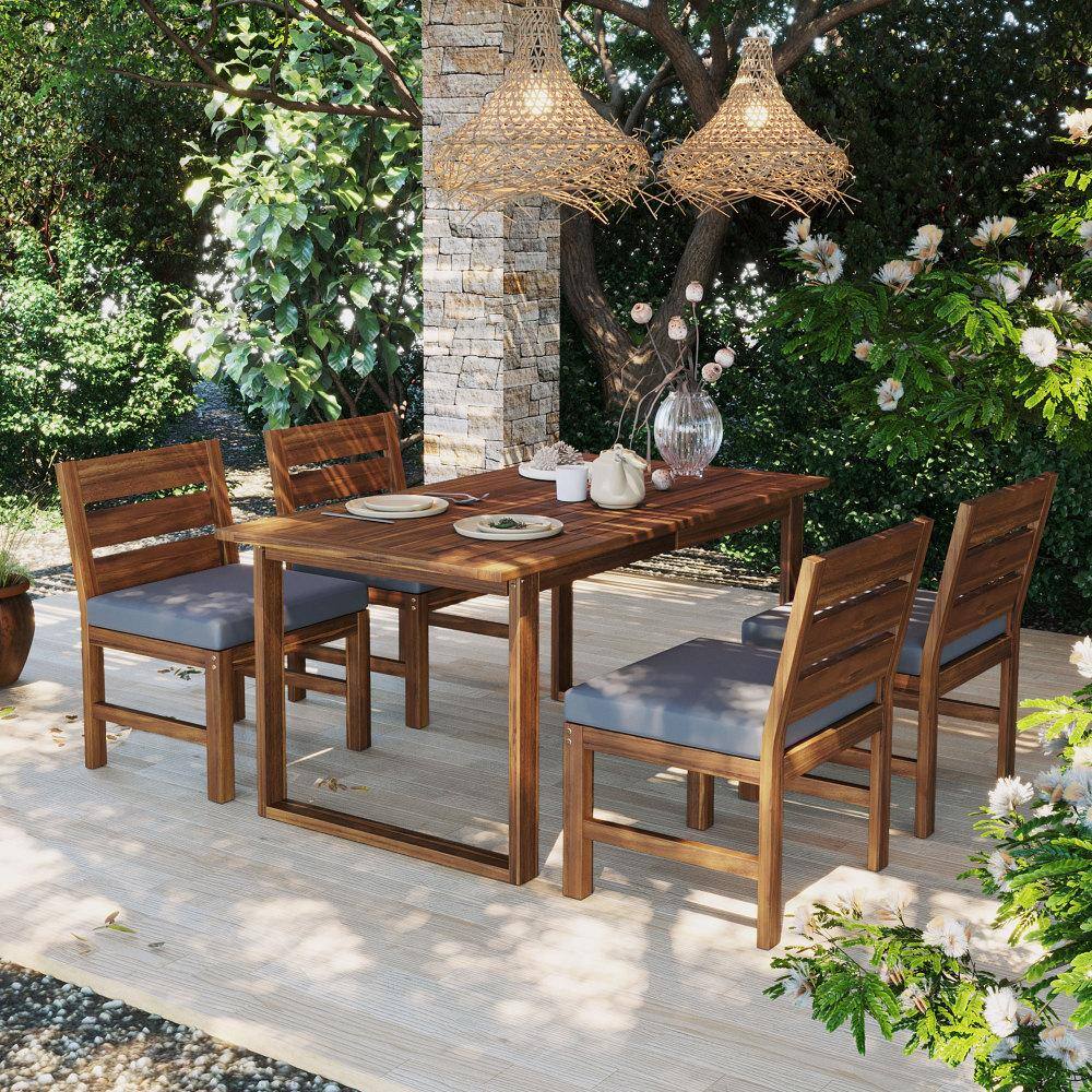 5-Piece Acacia Wood Outdoor Dining Set with Adjustable Legs and Blue Cushions price history on PriceWatchPro