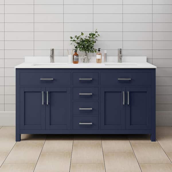 Beckett 66 in. W x 22 in. D x 35 in. H Double Sink Bathroom Vanity in Dark Blue with White Cultured Marble Top