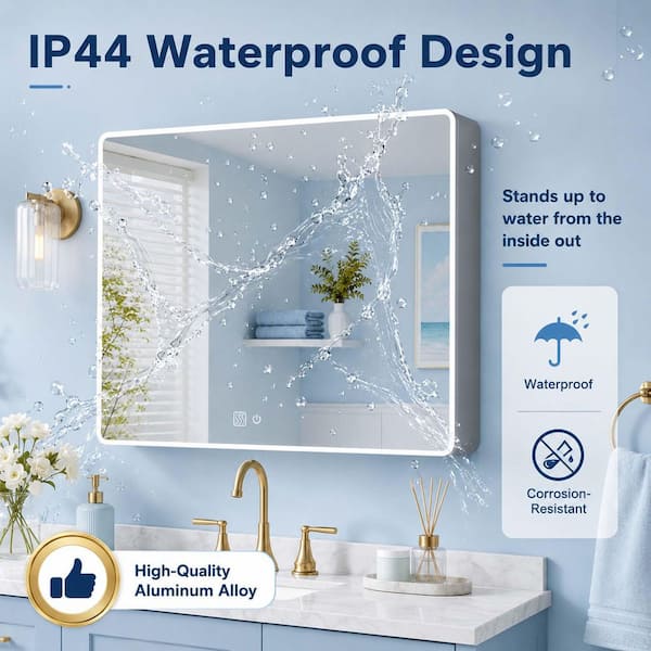 35.4 in. W x 27.6 in. H Rectangular Aluminum Medicine Cabinet with Mirror, 3-Colors LED Light and Defogging Function