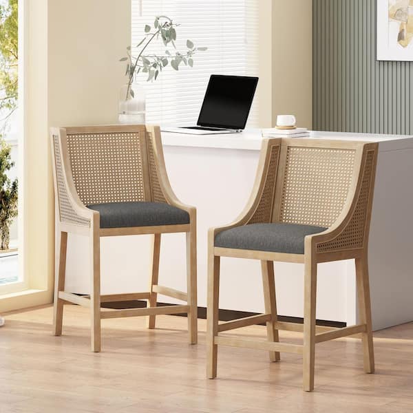 Noble House Chilacot 25.5 in. Charcoal and Natural Cane Back Rubberwood Counter Stool (Set of 2)
