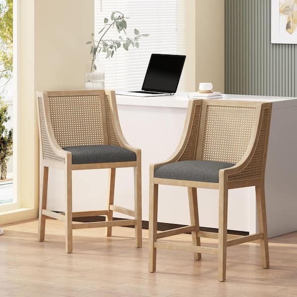 Chilacot 25.5 in. Charcoal and Natural Cane Back Rubberwood Counter Stool Set of 2