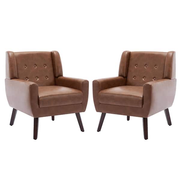 Uixe Mid-Century Modern Button Coffee PU Leather Accent Armchair (set of 2)