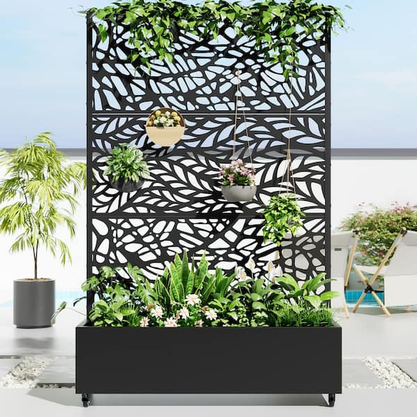 Lumioca 1 Piece 71.37 In. H x 46.8 In. W Iron Black Flower Shape Outdoor Planting Box with Climbing Frame Decorative Art Panel