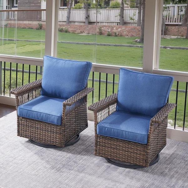 Opohoro GliderNet Metal and Brown Wicker Outdoor Rocking Chair Patio Swivel Chairs with Olefin Navy Blue Cushions (2-Pack)
