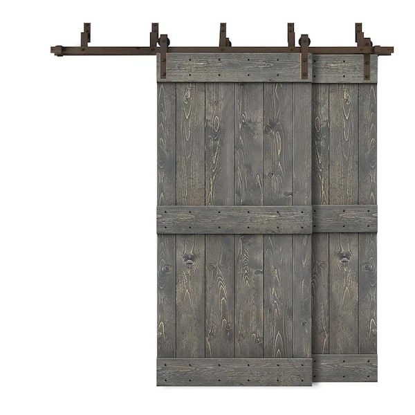 CALHOME 96 in. x 84 in. Mid-Bar Bypass Weather Gray Stained DIY Solid Wood Interior Double Sliding Barn Door with Hardware Kit