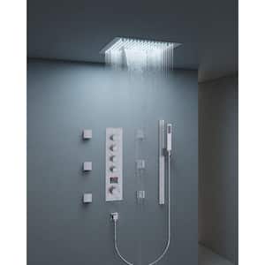 Thermostatic LED 15-Spray 16 in. Dual Ceiling Mount Fixed and Handheld Shower Head 2.5 GPM with Valve in Brushed Nickel