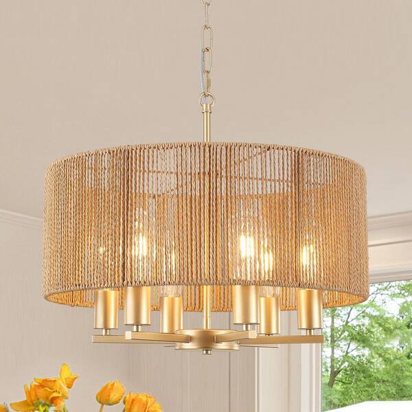 ZSMIHDOH 6-Light Natural and Gold Rattan Bohemian Drum Chandelier for Living Room Kitchen