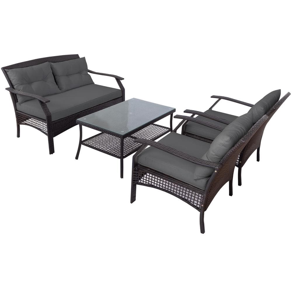 Black 4-Piece Wicker Rattan Outdoor Sectional Set with Gray Cushions